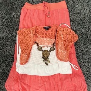 Girls My Michelle Spring Coral Crochet Top and Skirt Set Size L